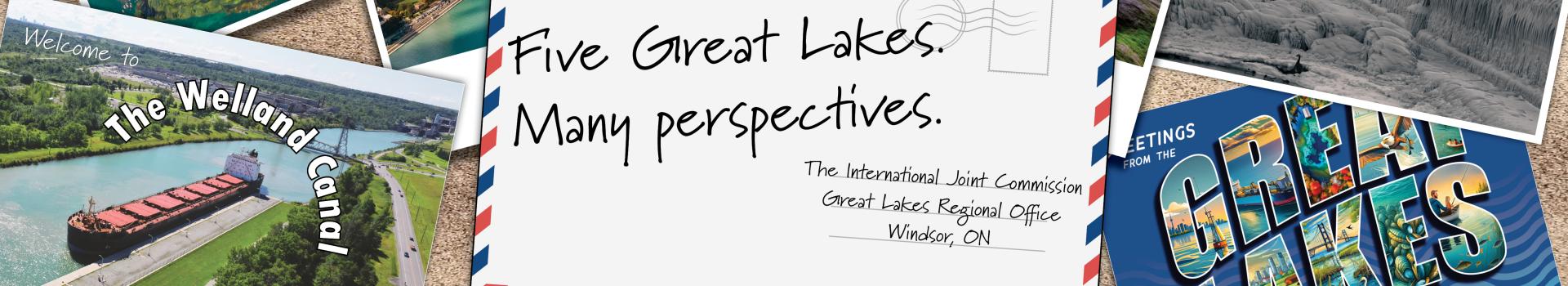Stamps with scenes of the Great Lakes with an envelope with the text 'five lakes, many perspectives' overlayed.