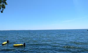 Kayakers AND a recreational boater (to right) in Lake Ontario along Rotary Beach in Wellington, Ontario </br>Wellington, Ontario </br>Recreation. Dawn Schilling.