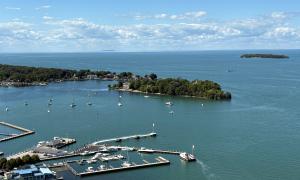 Overhead view of The Ohio State University Stone Laboratory, OSU's island research and education facility. For the past 100 years, Stone Lab has served thousands of students, researchers, and decision-makers to support critical Great Lakes research, education, and outreach programming. </br>Put-in-Bay, Ohio </br>Research, Education & Science. Jill Bartolotta.