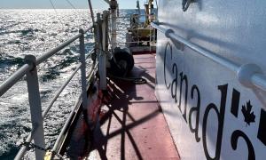 A rough day in the middle of Lake Erie while sampling for lower trophic food web research (algae and zooplankton) aboard the CCGS Limnos. Lake Erie, Ontario. Research, Science, and Education. Joseph Gentile.