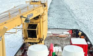 The CCGS Samuel Risley breaking ice for the Algoluna on the St. Clair River during maximum ice extent of February 2025. St. Clair River - Algonac, Michigan. Research, Science, and Education. Joseph Gentile.