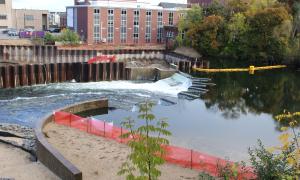 Fish Pass construction area to block invasive species but allow desirable fish up the Boardman River. Traverse City, Michigan. Research, Science and Education. Nick Longo.