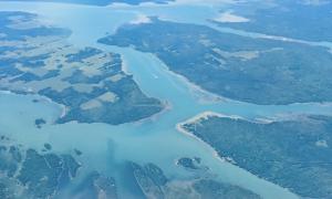 Arial photo of the St. Mary’s River in Sault Ste. Marie. Sault Ste. Marie, Ontario. Great Lakes Water in Action.Lindsay Rogers.